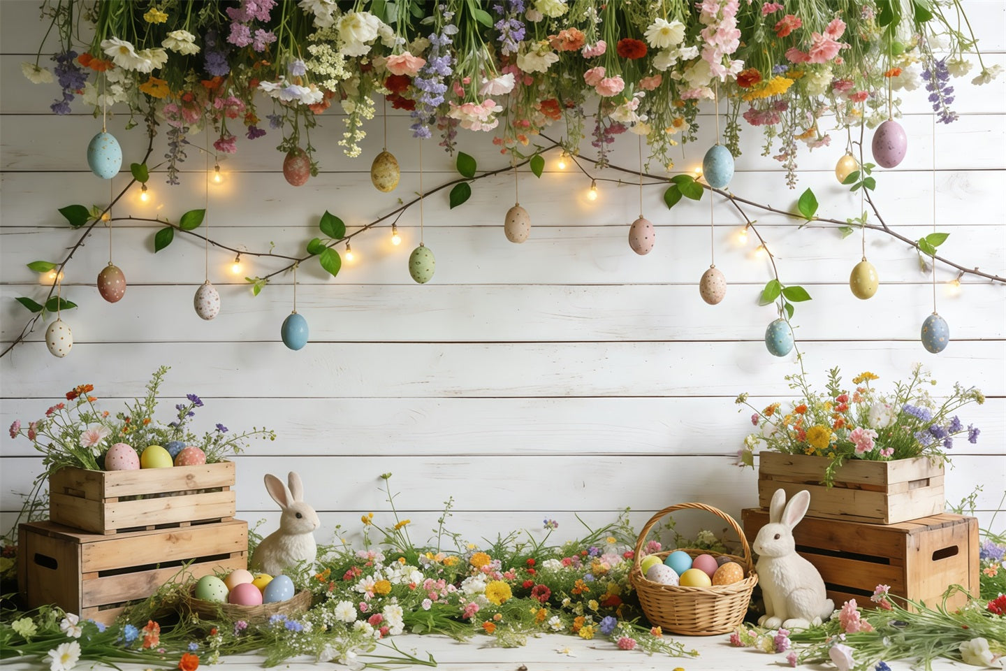 Toile de fond Photo Fleur Jardin Lapin Œufs Pastel CSH61-144