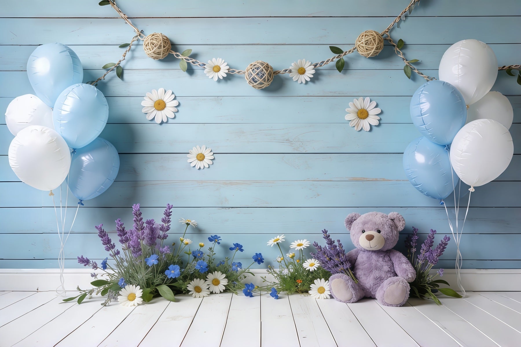 Toile de fond Printemps Mur Bois Bleu Ballon Ours CSH61-150