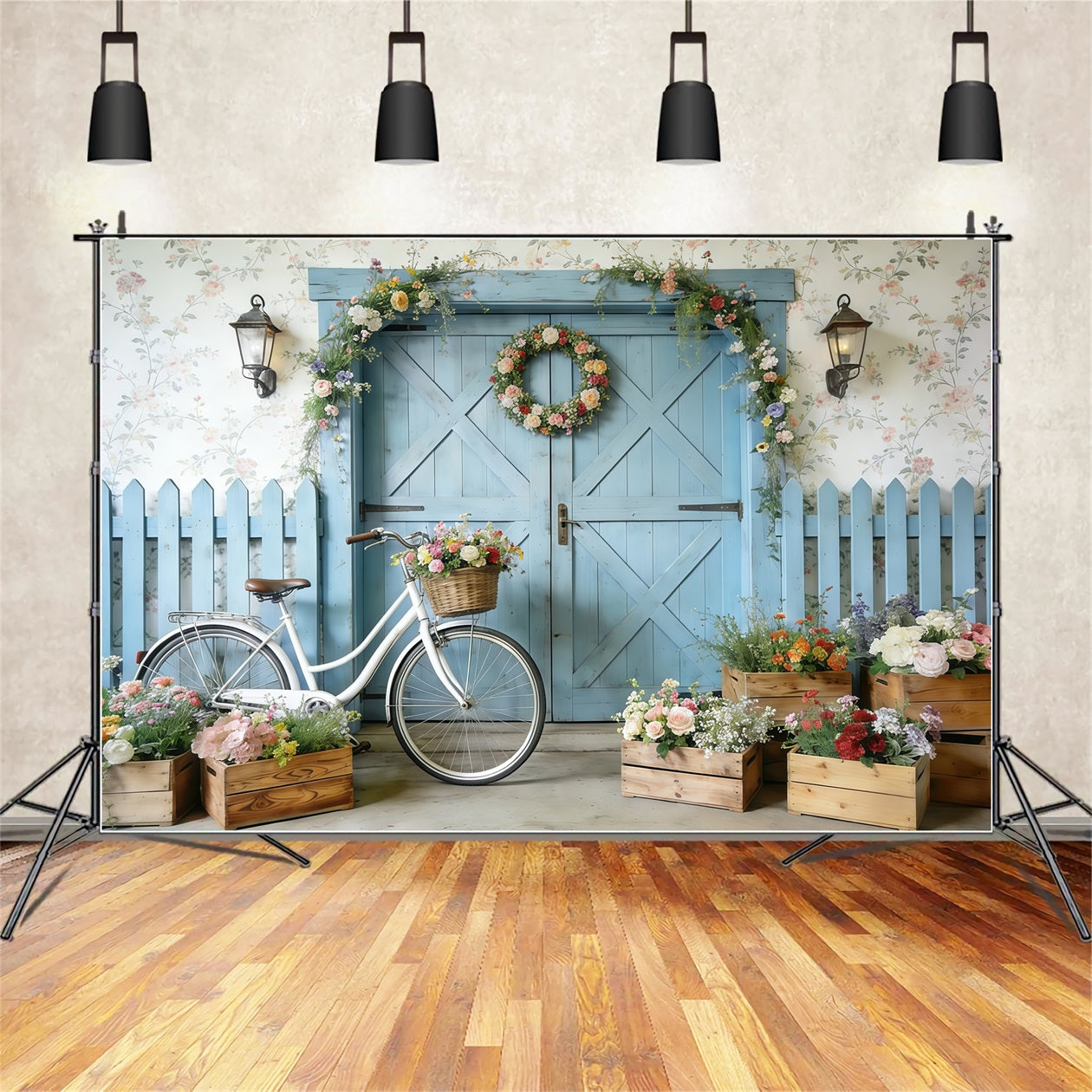 Toile de fond Photo Fleur Porte Grange Bleue Vélo Fleurs CSH61-152