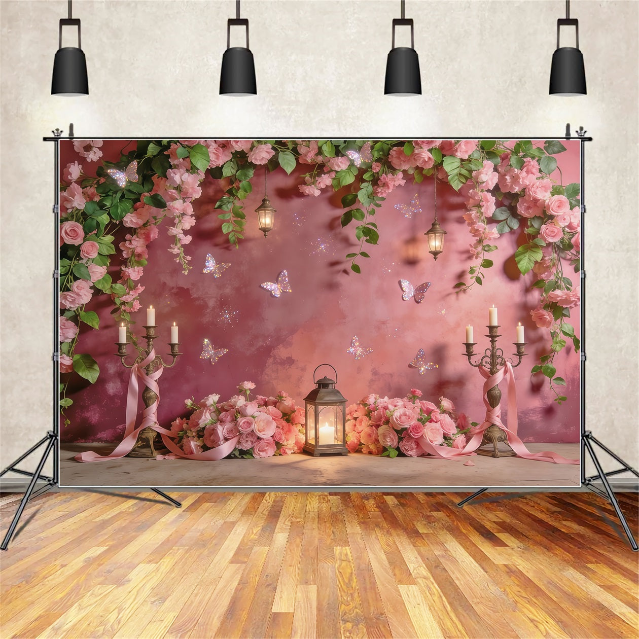 Toile de fond Fleur Lanterne Rose Papillon Lueur CSH61-154