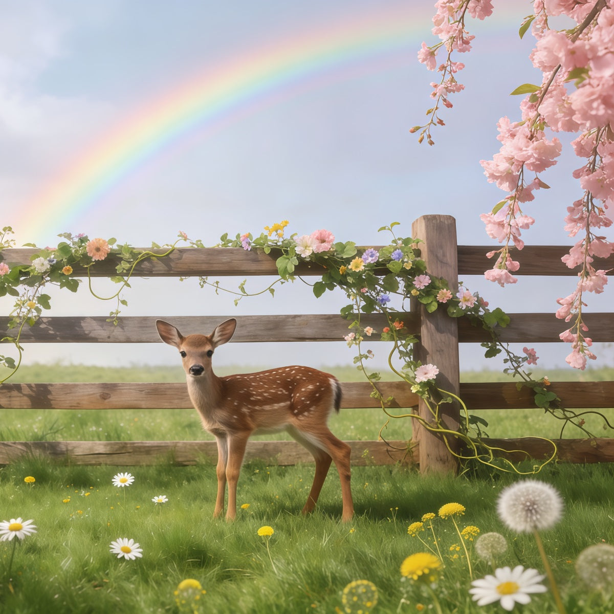 Fond Photo Printemps Prairie Faon Arc-En-Ciel Fleurs CSH61-157
