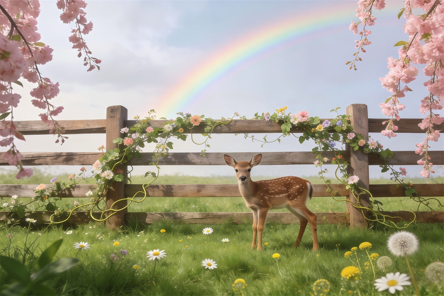 Fond Photo Printemps Prairie Faon Arc-En-Ciel Fleurs CSH61-157