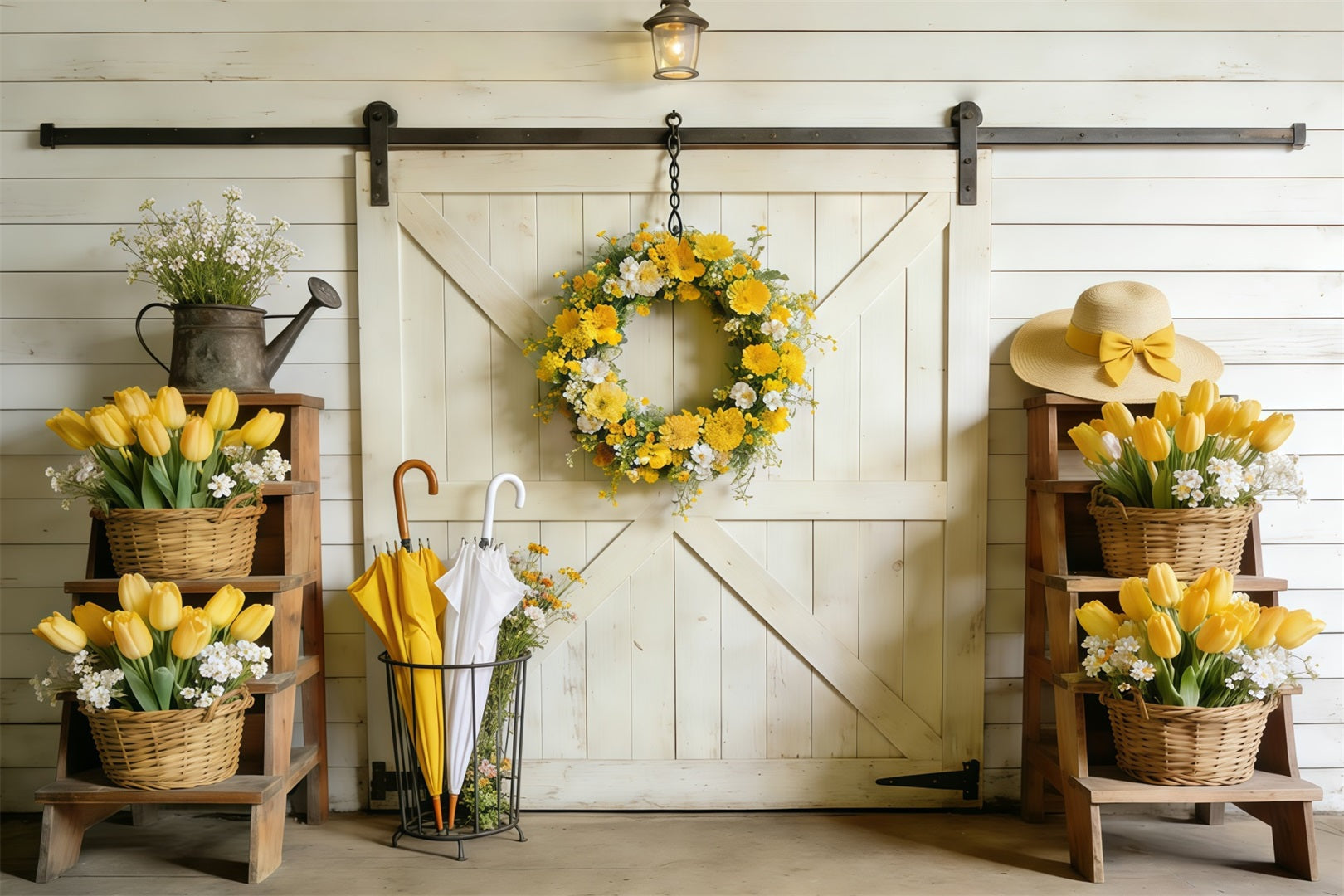 Fond Studio Photo Printemps Porte Grange Tulipees Jaunes CSH61-163