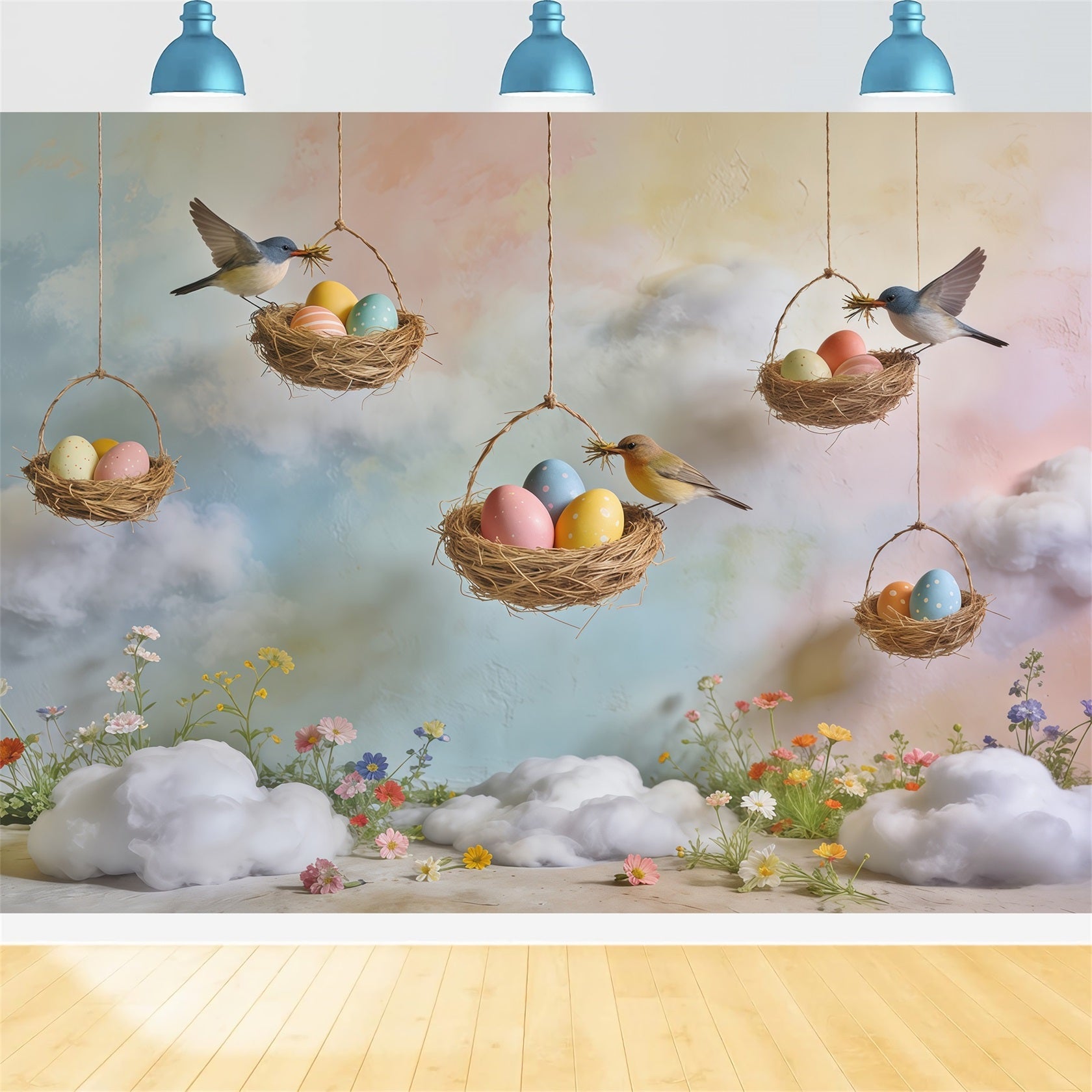 Toile de fond Photo Printemps Nid Œufs Ciel Pastel Fleurs Sauvages CSH61-164