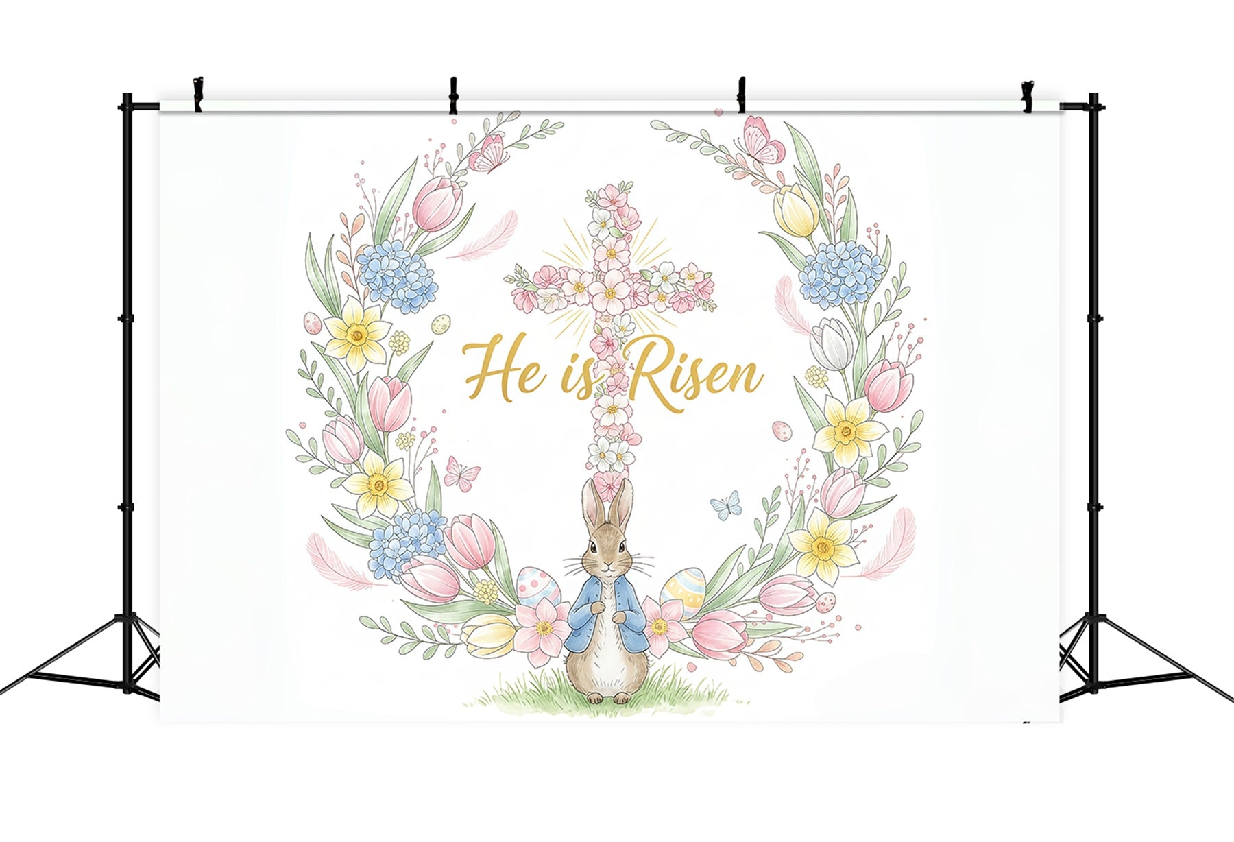 Toile de fond Pâques Croix Florale Couronne Lapin CSH61-2