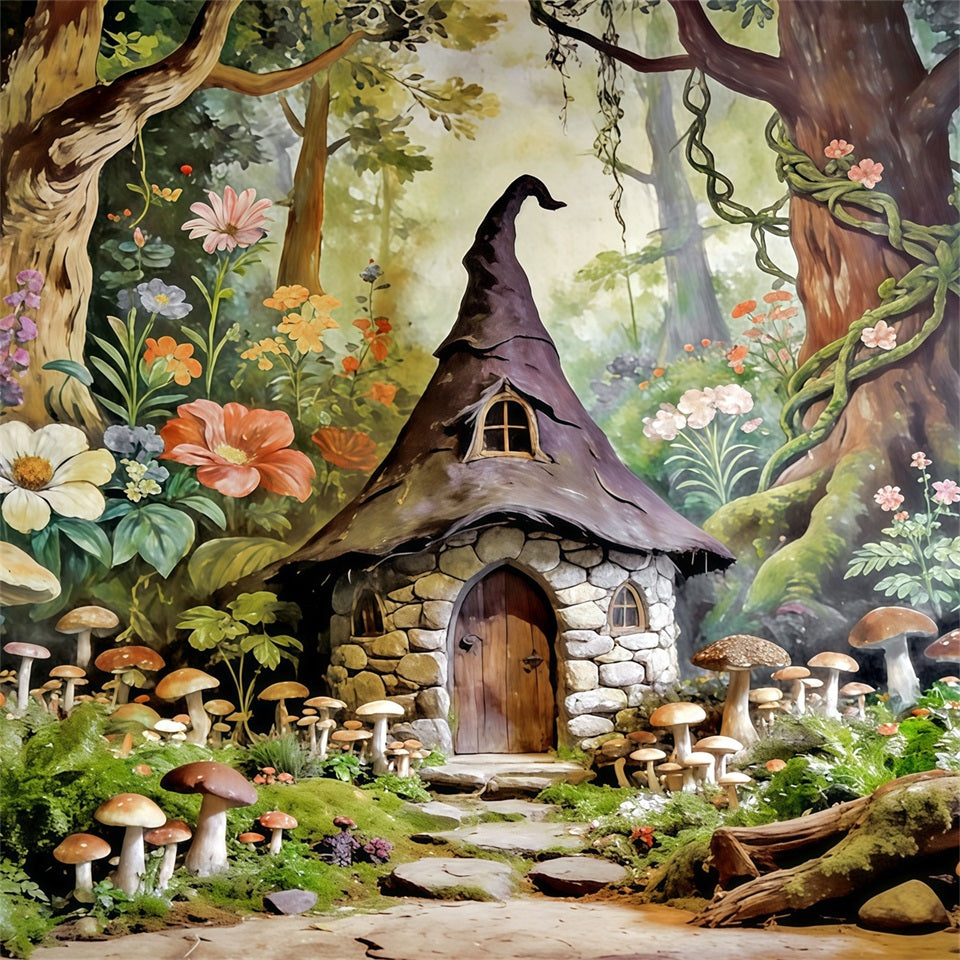 Toile de Fond Forêt de Conte de Fées Refuge Cottage Champignons Conte De Fées CSH61-210