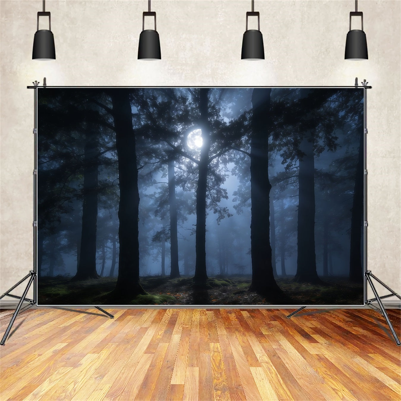 Toile de Fond Forêt Inquiétante Pins Ombres Brume Clair De Lune CSH61-215
