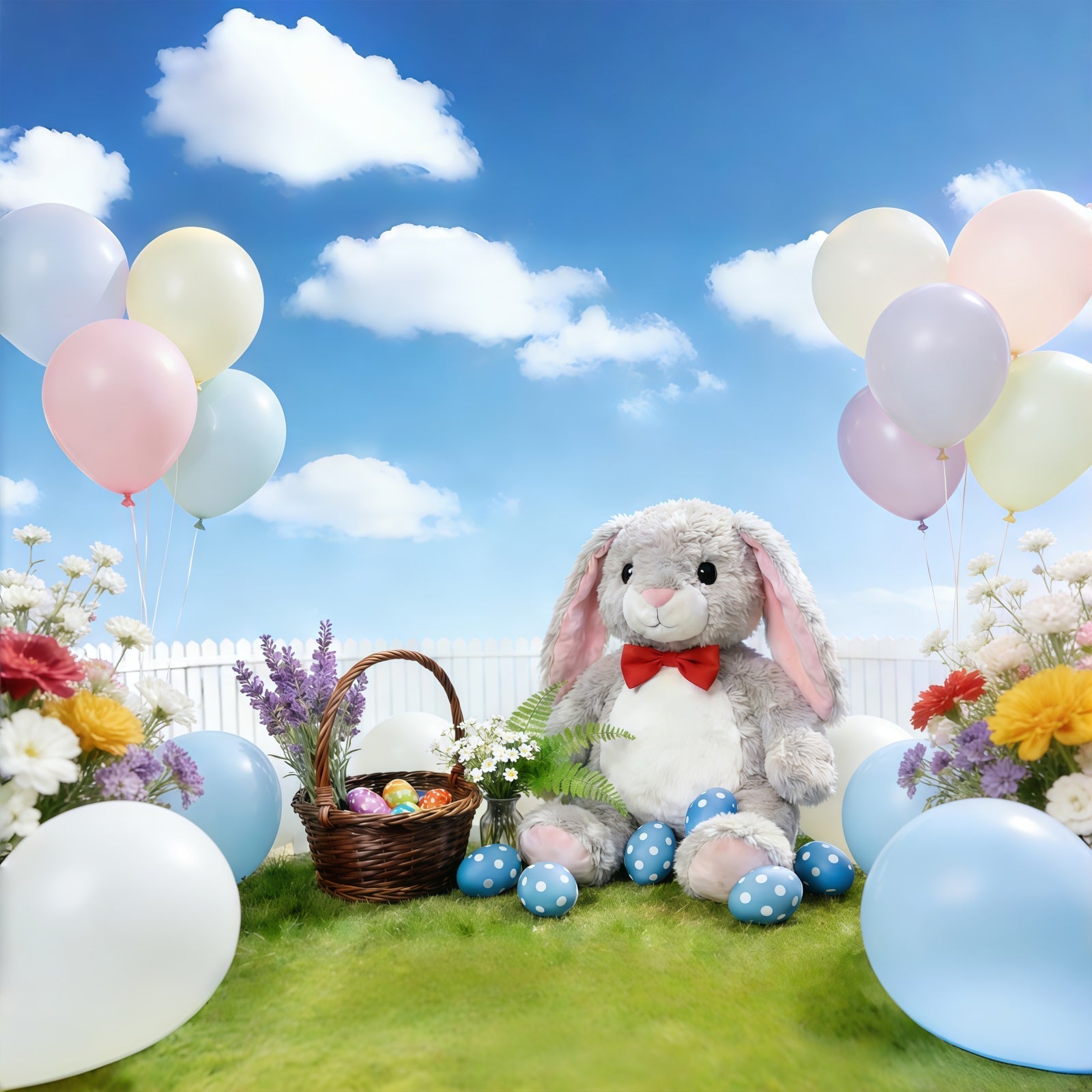 Toile de fond Pâques Jardin Fleurs Printanières Ballons Pastel CSH61-26