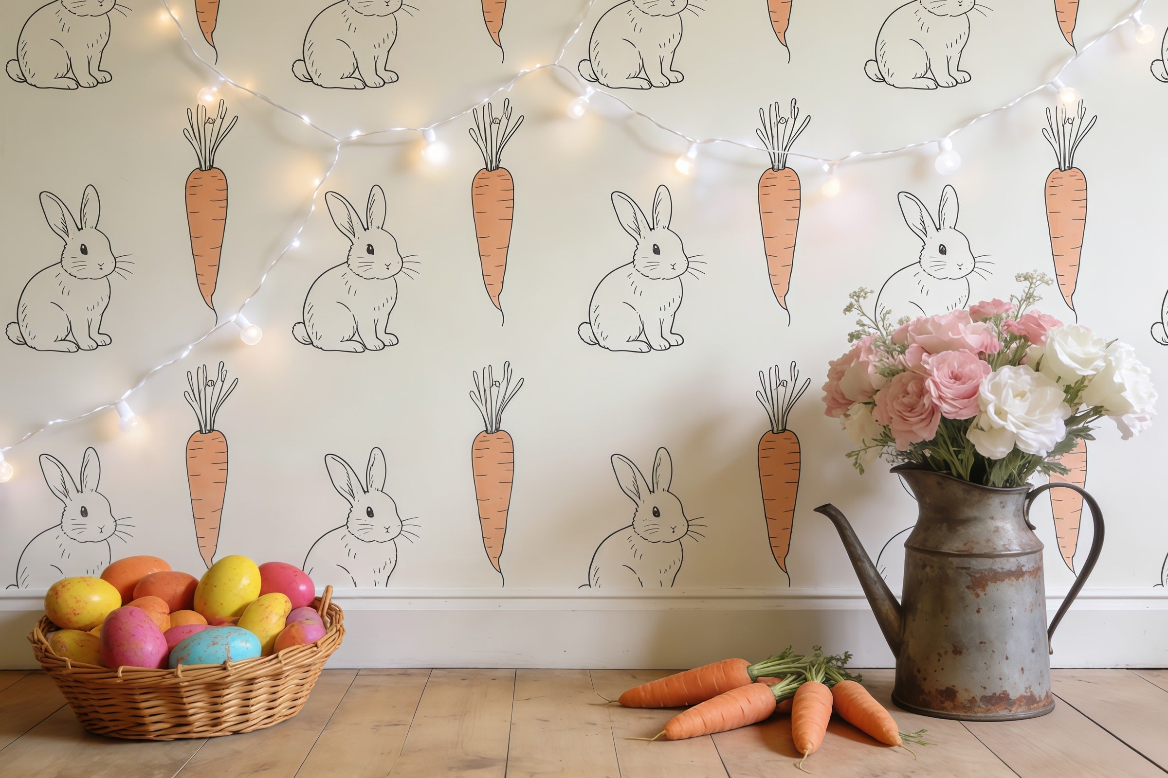 Toile de fond Pâques Papier Peint Lapin Rustique Carottes CSH61-34