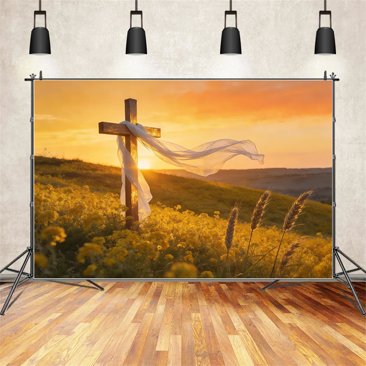 Toile de fond de Pâques Croix Champ Coucher De Soleil Lumière CSH61-39