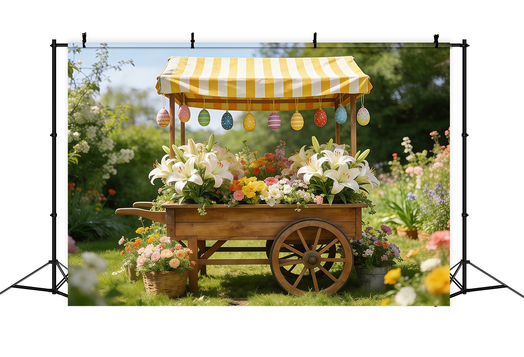 Toile de fond de Pâques Chariot Marché Rayé Fleurs CSH61-43