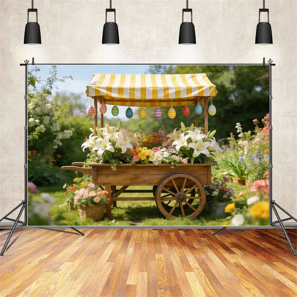 Toile de fond de Pâques Chariot Marché Rayé Fleurs CSH61-43
