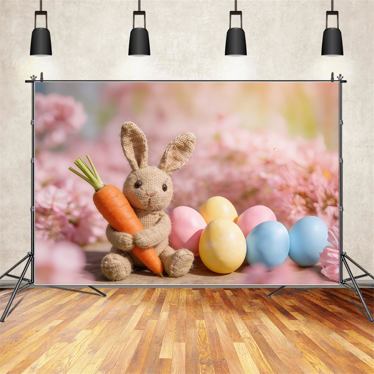 Fond Photo Pâques Lapin Toile De Jute Carottes Fleurs CSH61-45