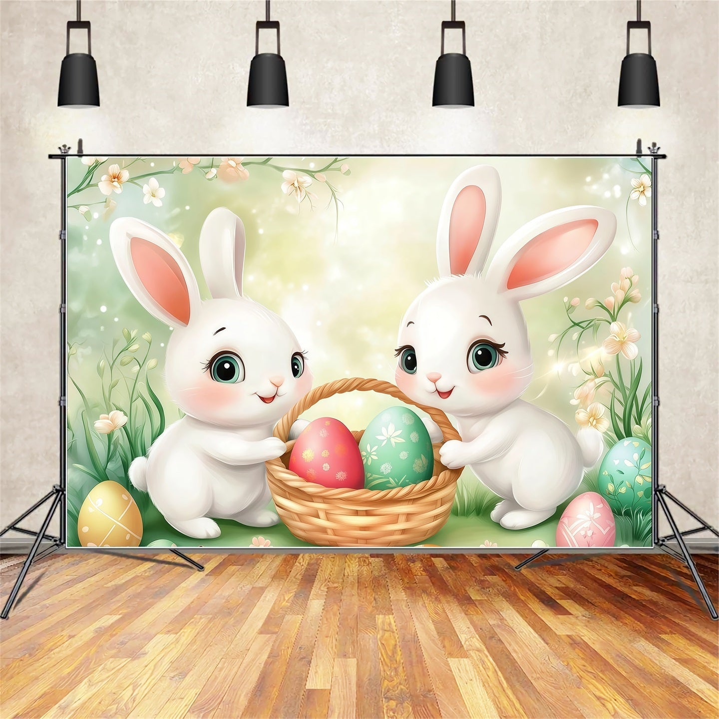 Toile de fond Pâques Lapin Panier Prairie Dessin Animé CSH61-50