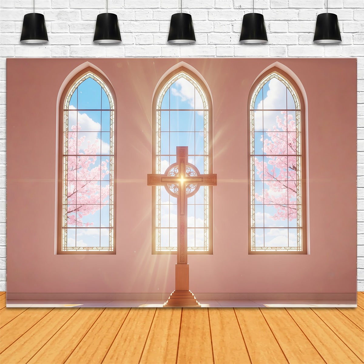 Toile de fond Pâques Fenêtres Église Baignées De Soleil Croix CSH61-6