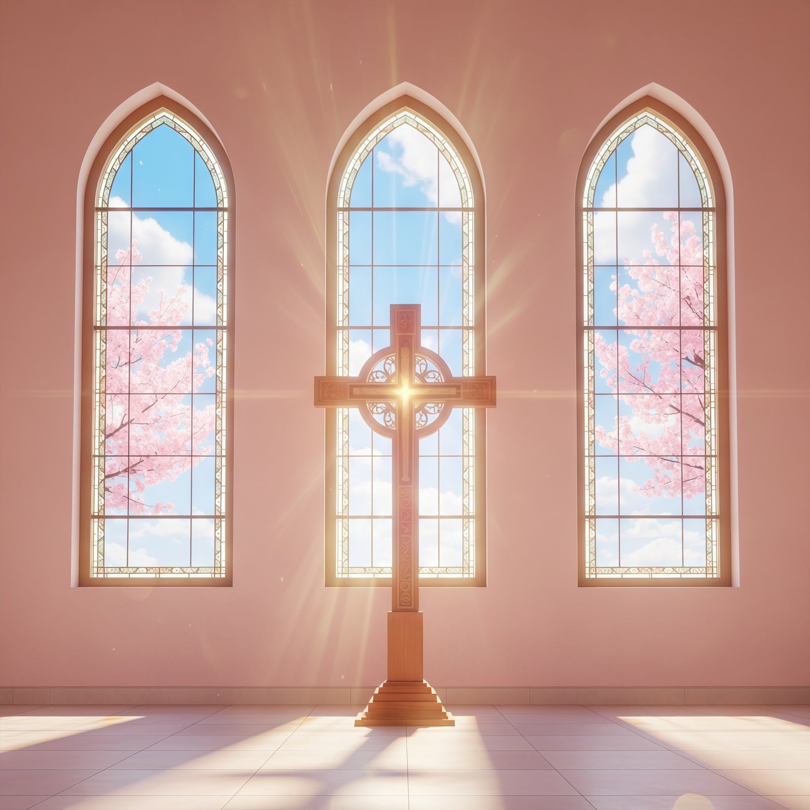 Toile de fond Pâques Fenêtres Église Baignées De Soleil Croix CSH61-6