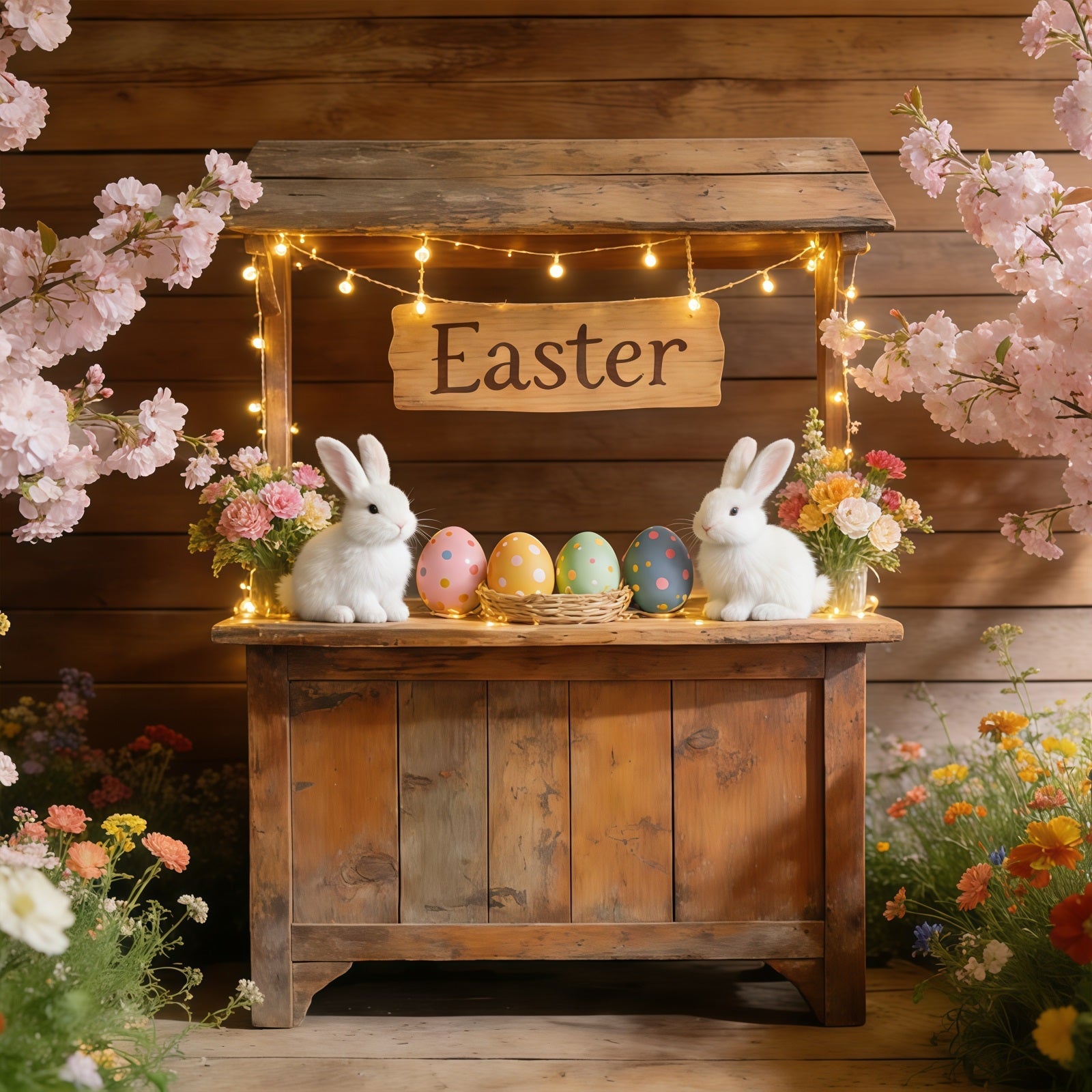 Fond Photo Pâques Stand Marché Lapin Fleurs CSH61-69