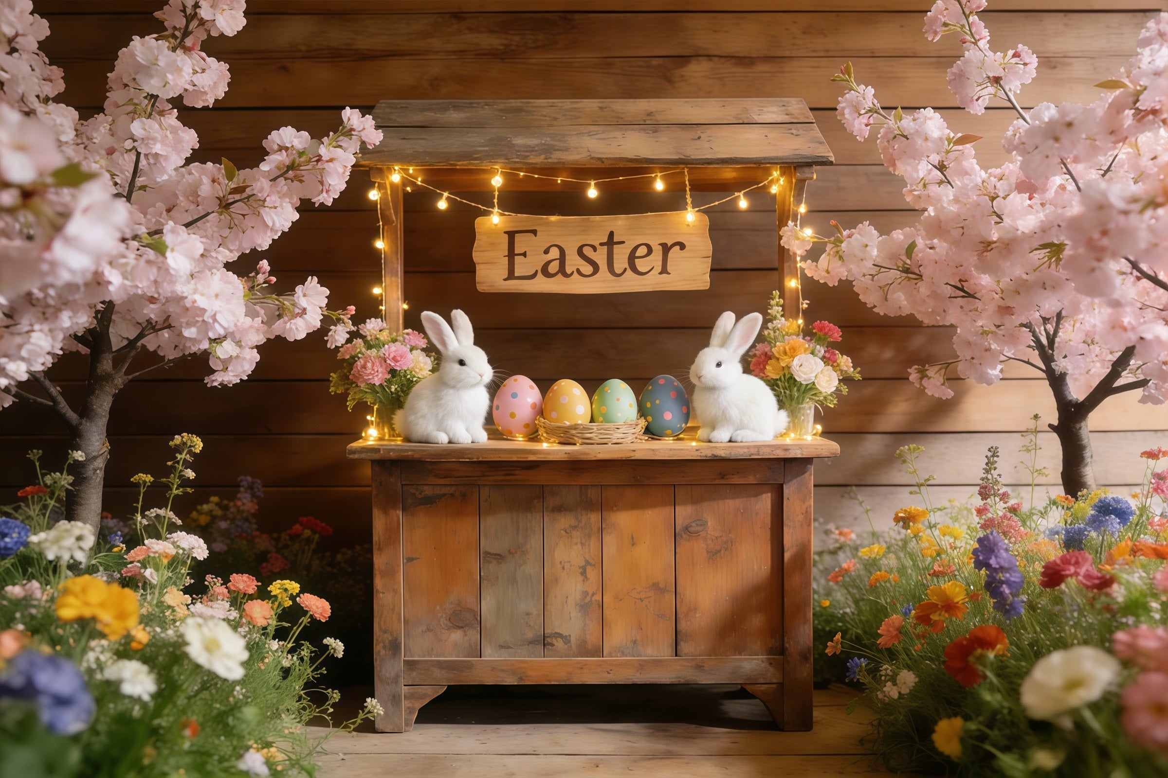 Fond Photo Pâques Stand Marché Lapin Fleurs CSH61-69
