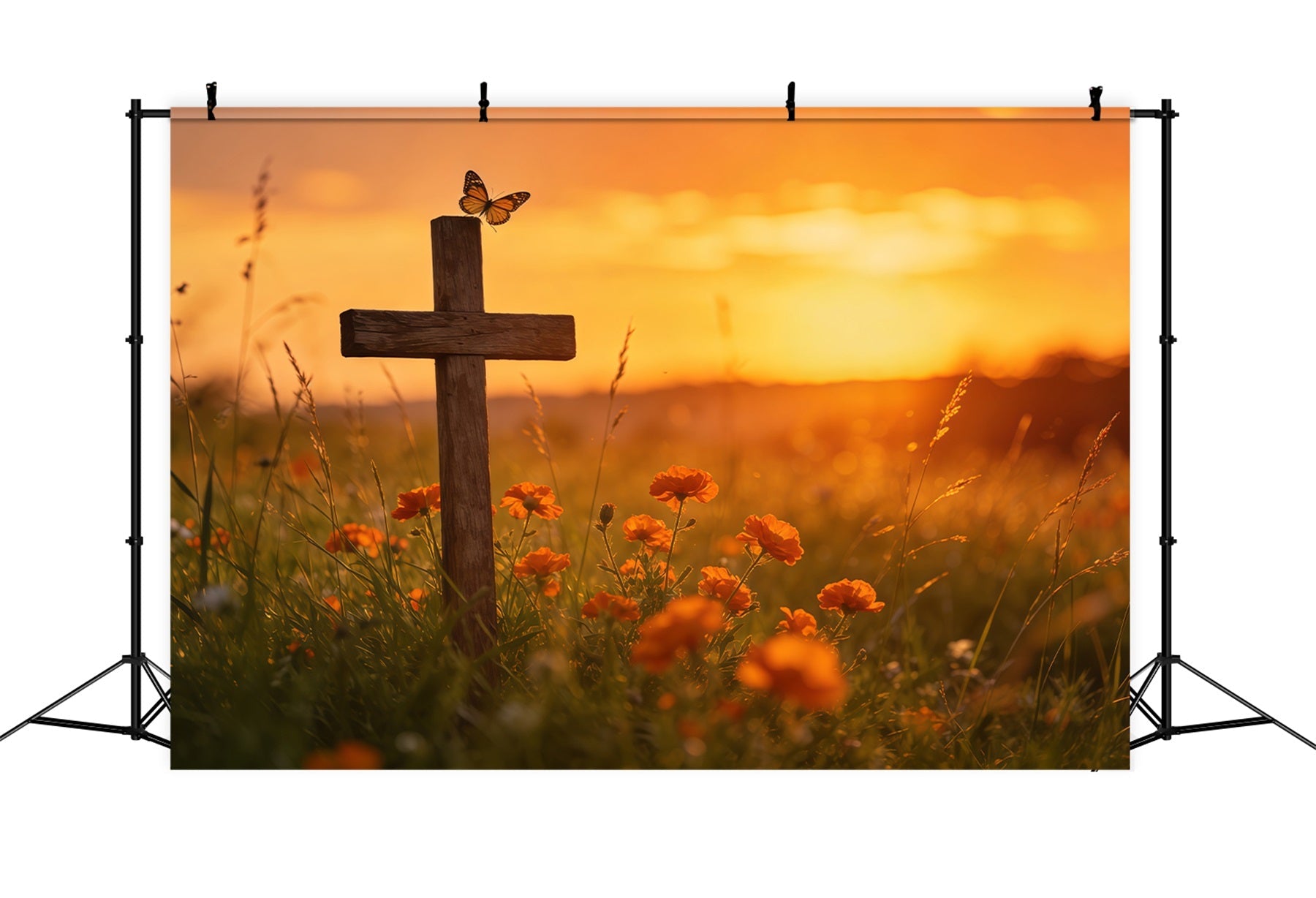 Toile de fond de Pâques Croix Champ Fleurs Sauvages Coucher De Soleil CSH61-71