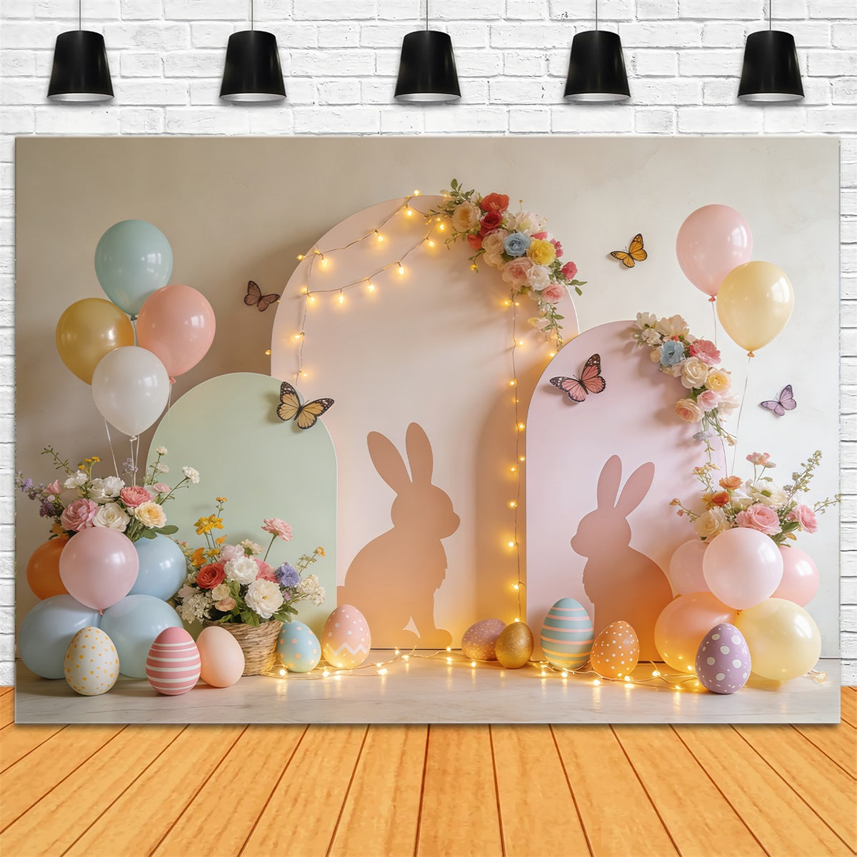 Fond de Pâques Arche Lapin Ballons Jardin Pastel CSH61-72