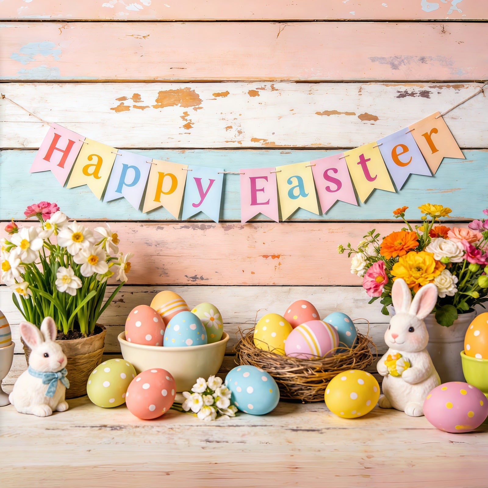 Fond Photo Pâques Bannière Lapins Œufs Fleurs CSH61-81