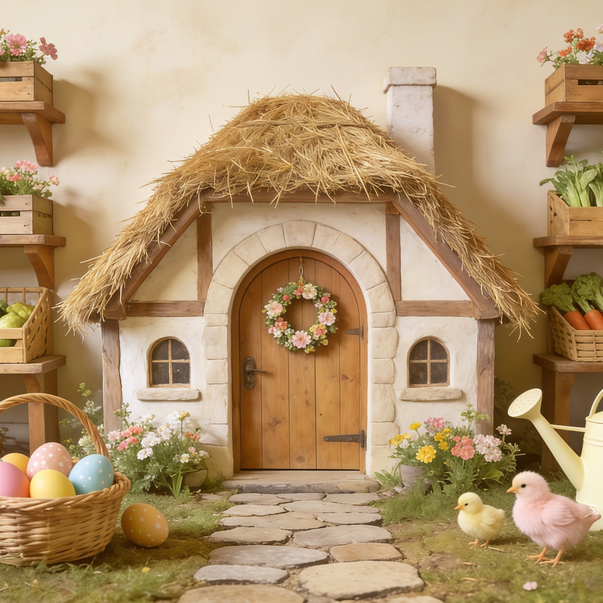 Fond Studio Pâques Cottage Toit De Chaume Panier Œufs CSH62-87