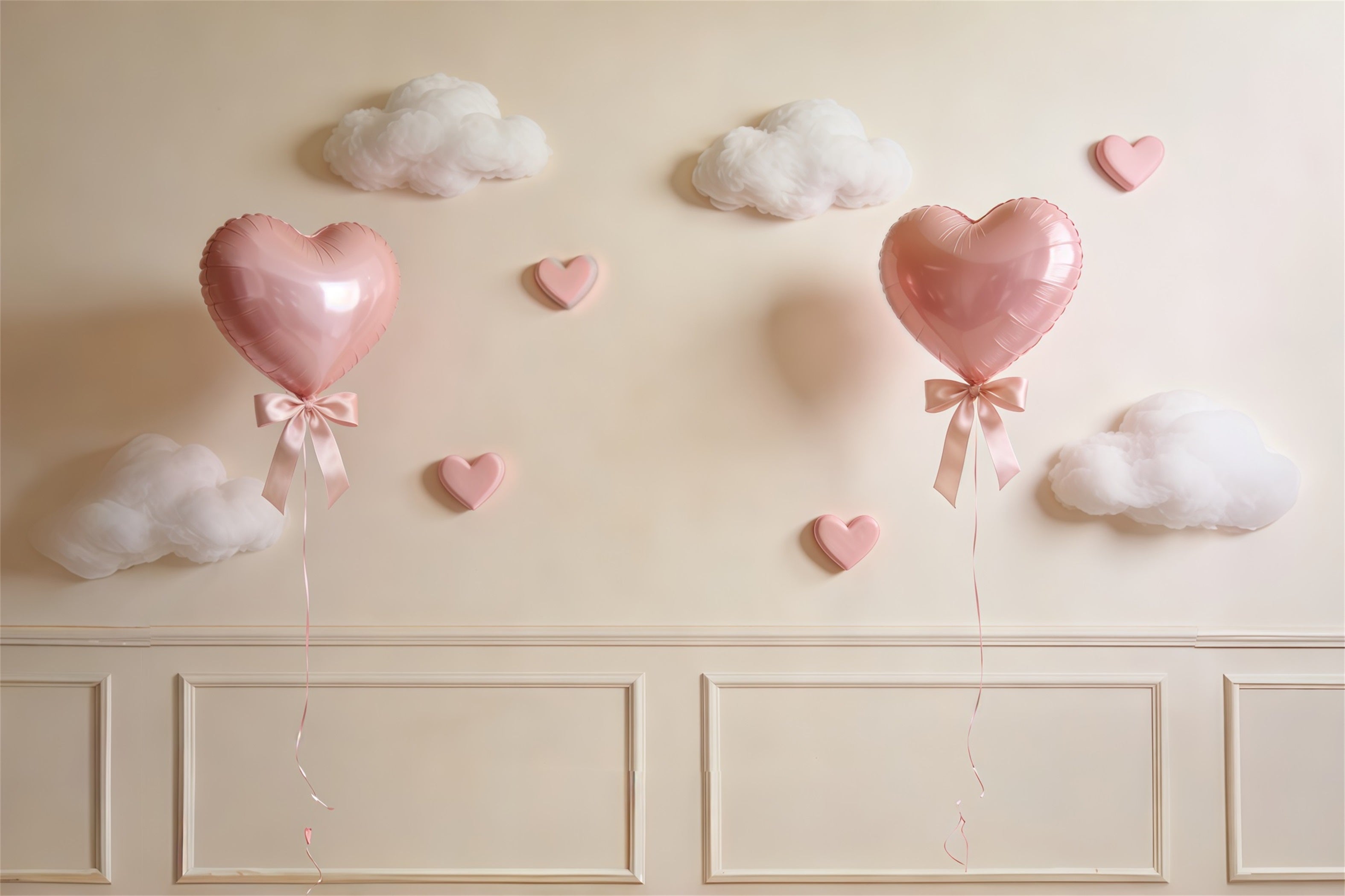 Fond Fête des Mères Nœud Ruban Mur Cœur Rose Nuages de Ballons CSH63-74