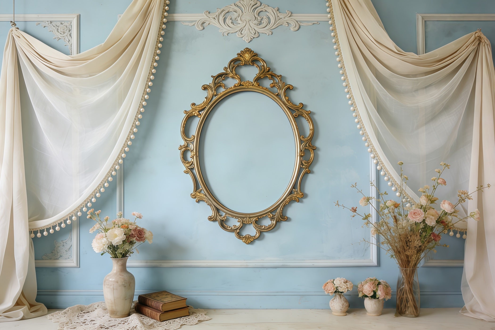 Fond Photo Fête des Mères Miroir Bleu Vintage Drapés Floraux CSH63-80
