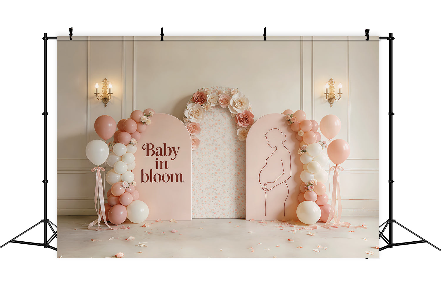 Fond Fête des Mères Silhouette Mère Fille Arche Florale et Ballons Poudrés CSH63-82