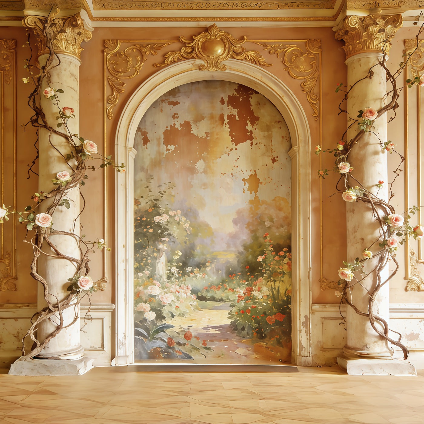 Fond Fête des Mères Floral Rococo Fresque Jardin Doré Arche CSH63-89
