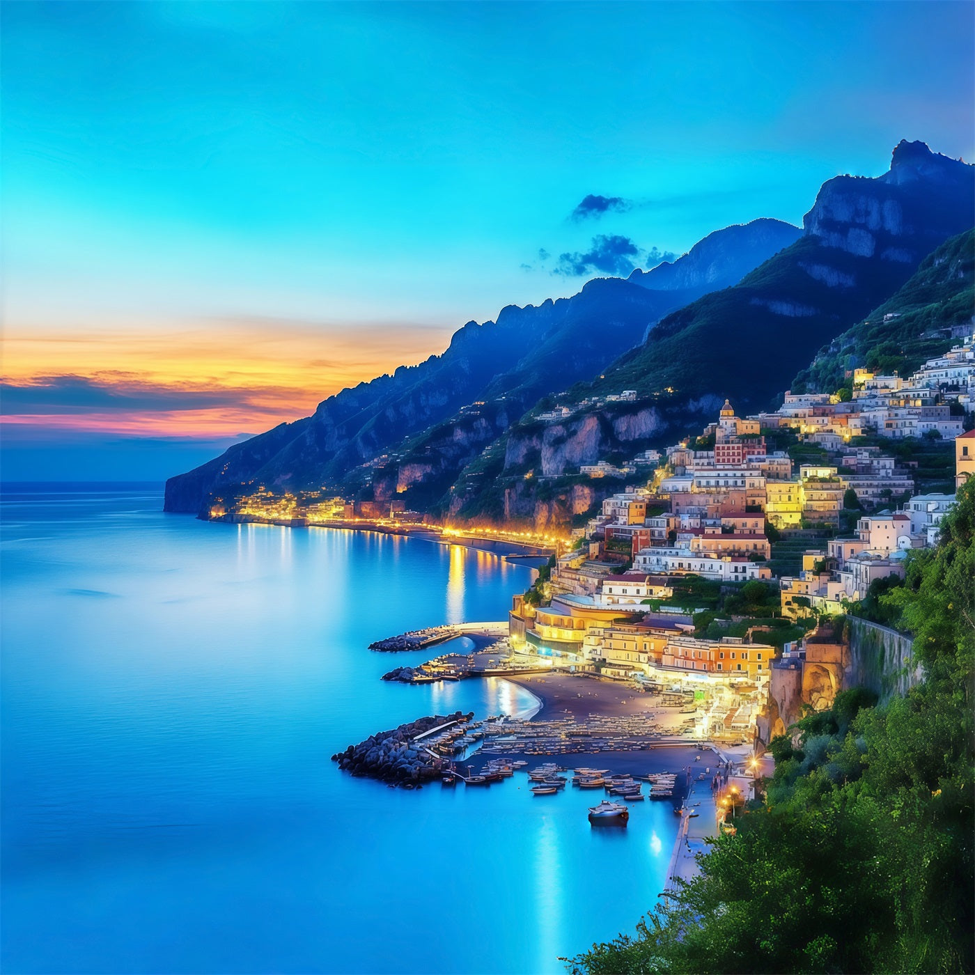 Fond Côte Amalfitaine Village de Positano Vue Coucher de Soleil Été CSH64-82