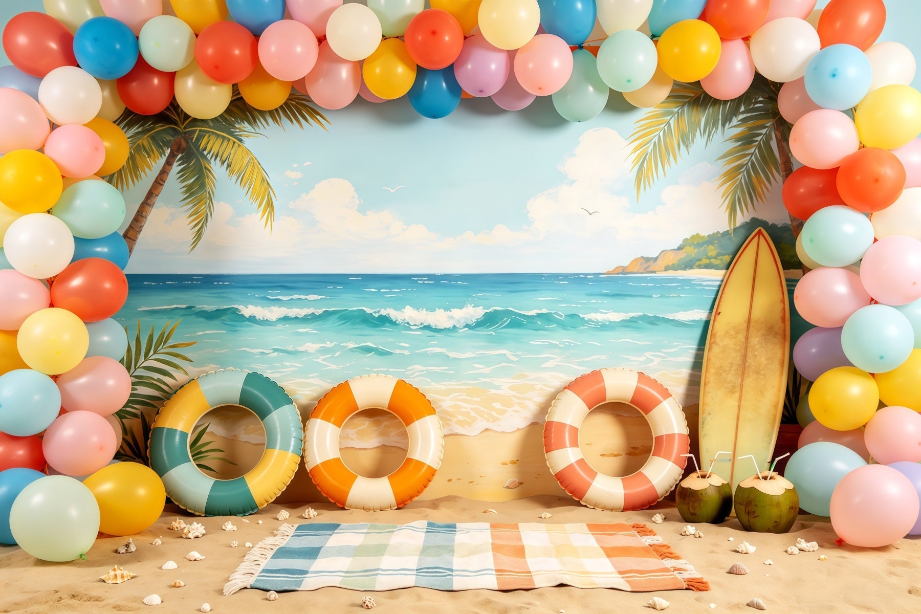 Fond Plage Arche de Ballons Pastel et Planche de Surf CSH64-84