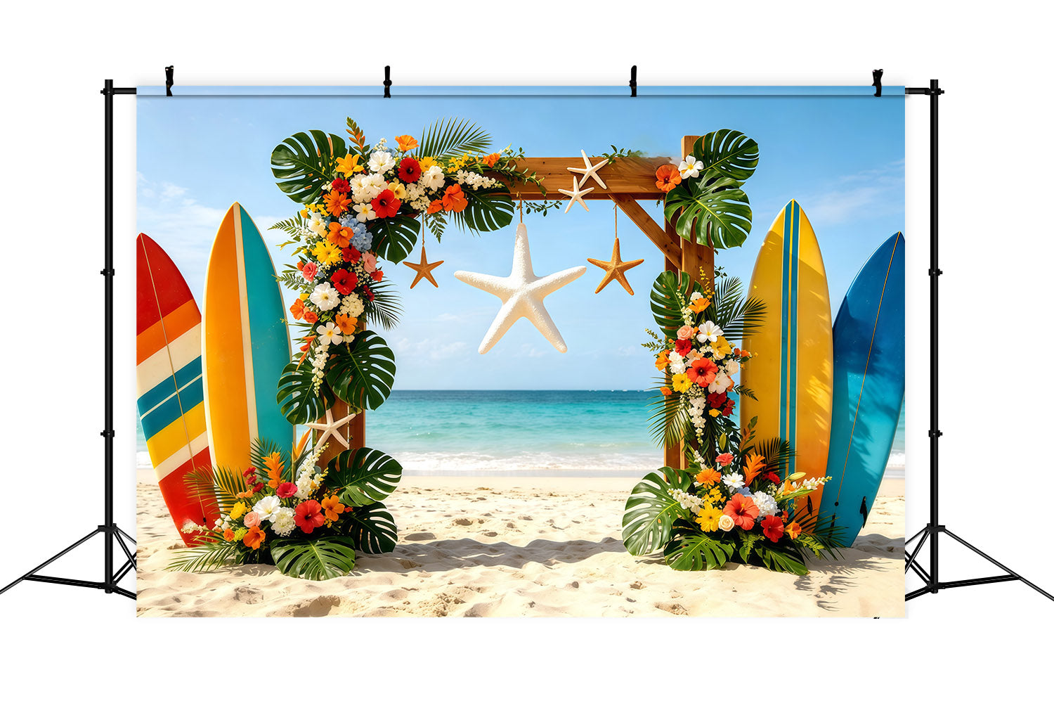 Fond Plage Tropicale Planche de Surf Fleurs Étoiles de Mer Arche CSH64-86