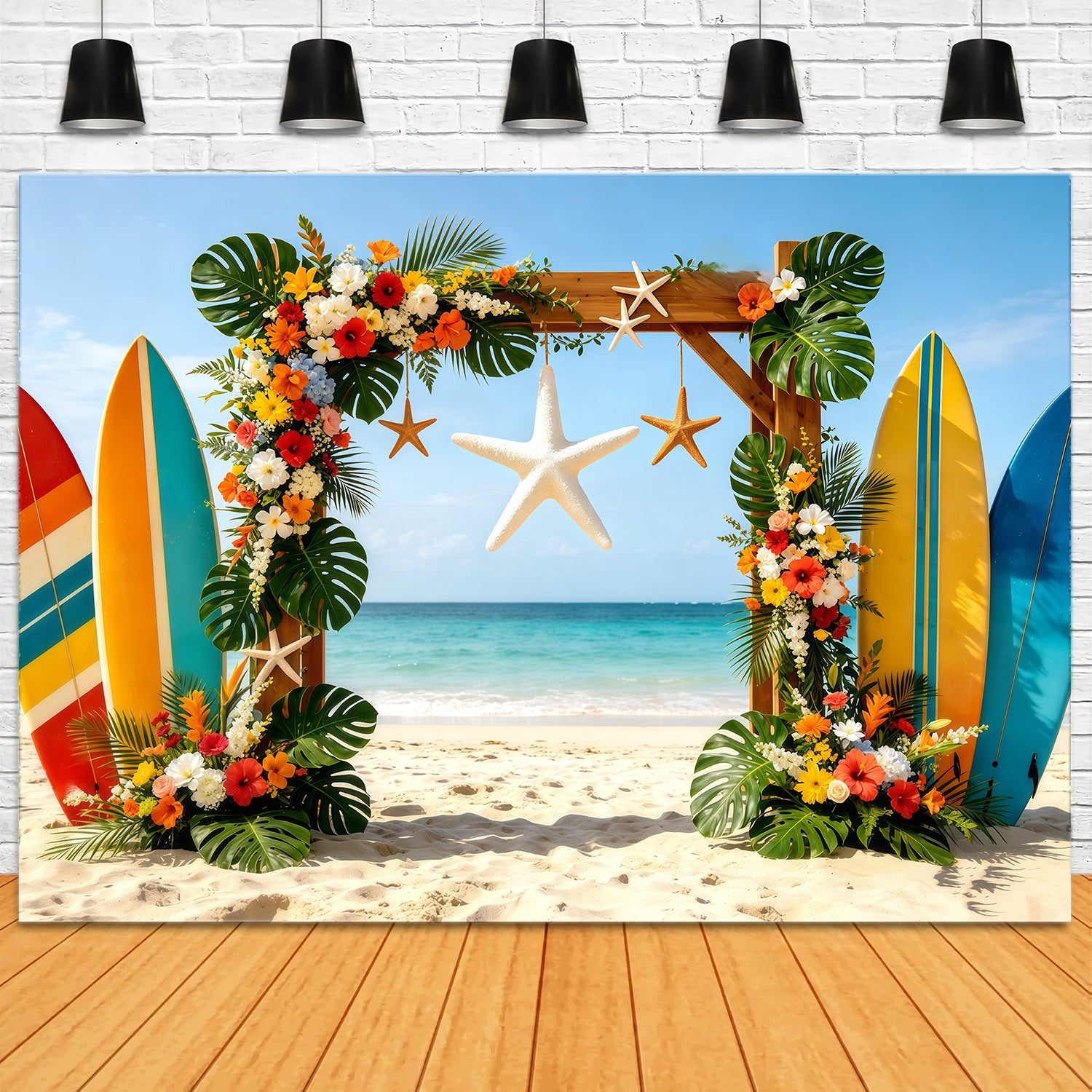 Fond Plage Tropicale Planche de Surf Fleurs Étoiles de Mer Arche CSH64-86