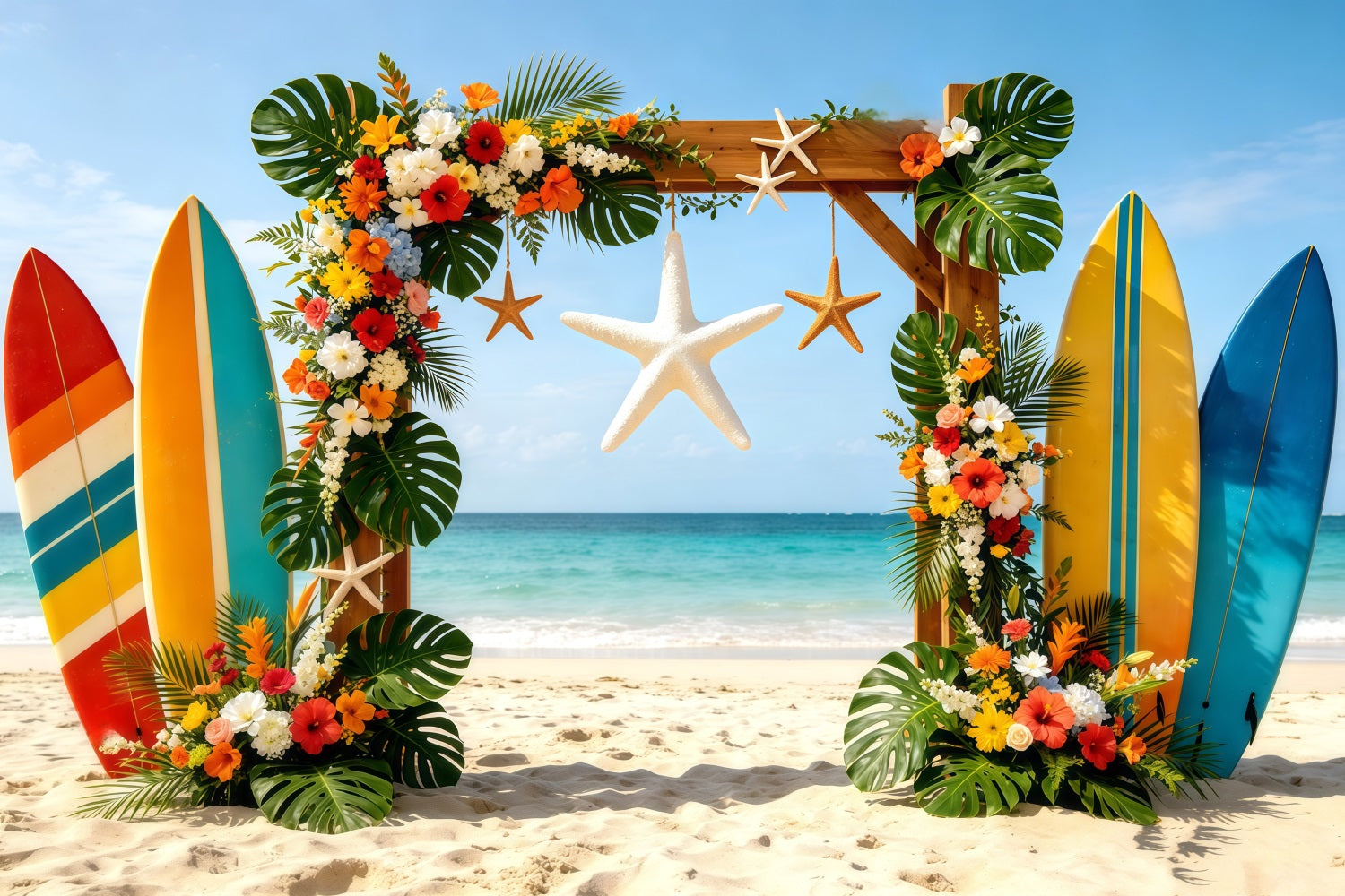Fond Plage Tropicale Planche de Surf Fleurs Étoiles de Mer Arche CSH64-86