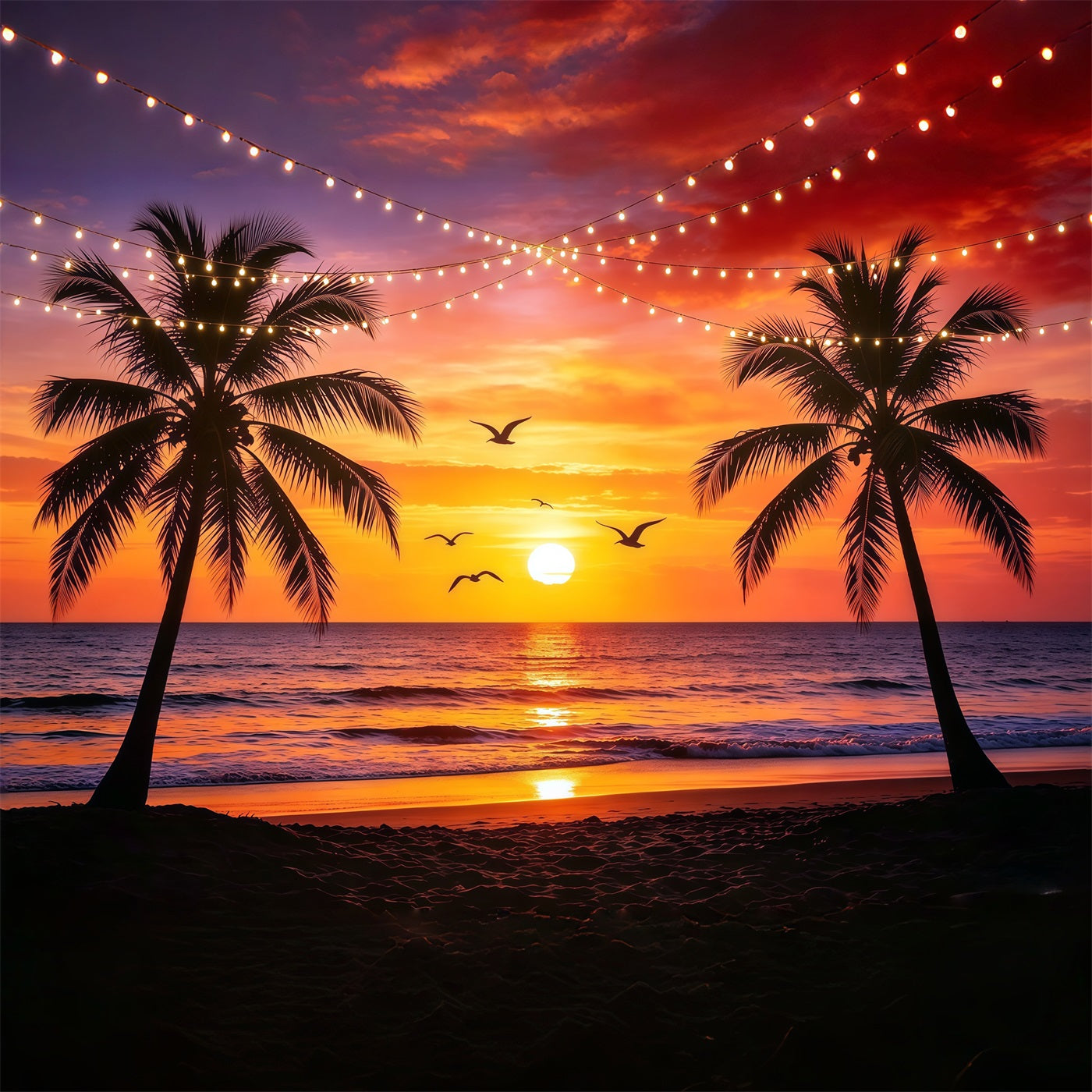 Fond Plage Coucher de Soleil Palmiers Guirlandes Lumineuses Mer CSH64-87