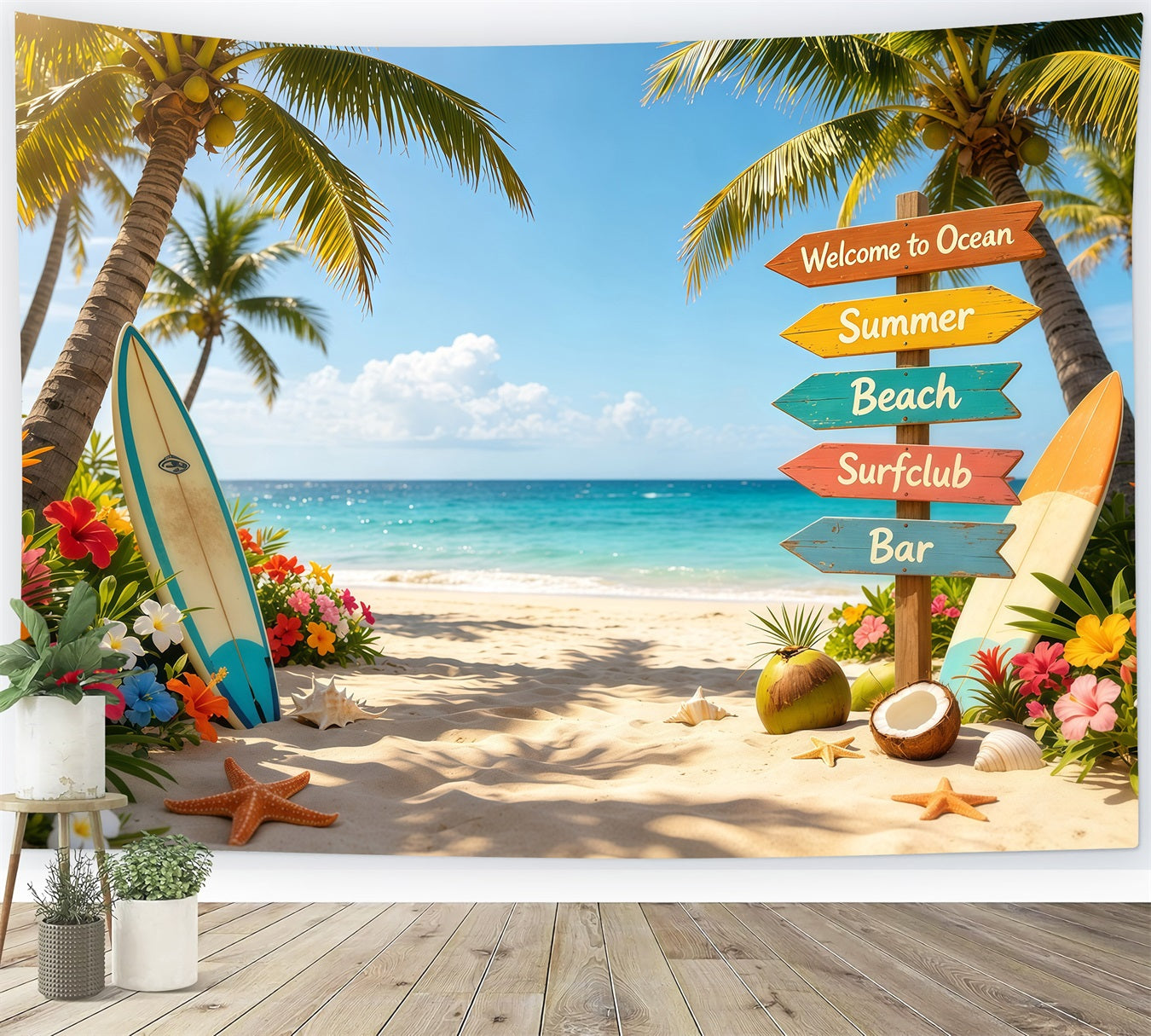 Fond Plage Panneau Tropical Planche de Surf et Fleurs Été CSH64-91