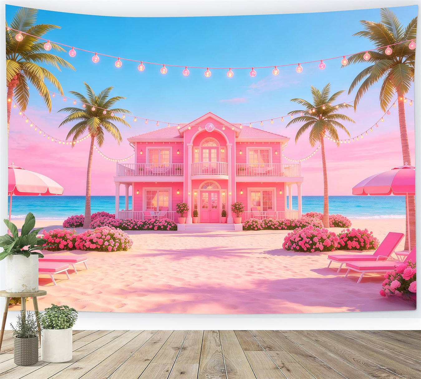 Fond Plage Villa Côtière Rose Guirlandes Lumineuses CSH64-92