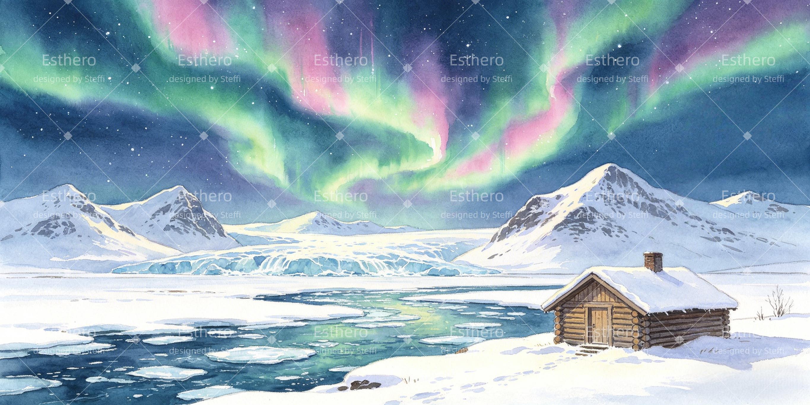Toile de fond True North aurore pastel glacier cabane agrandie décor VBS CSH64-T4