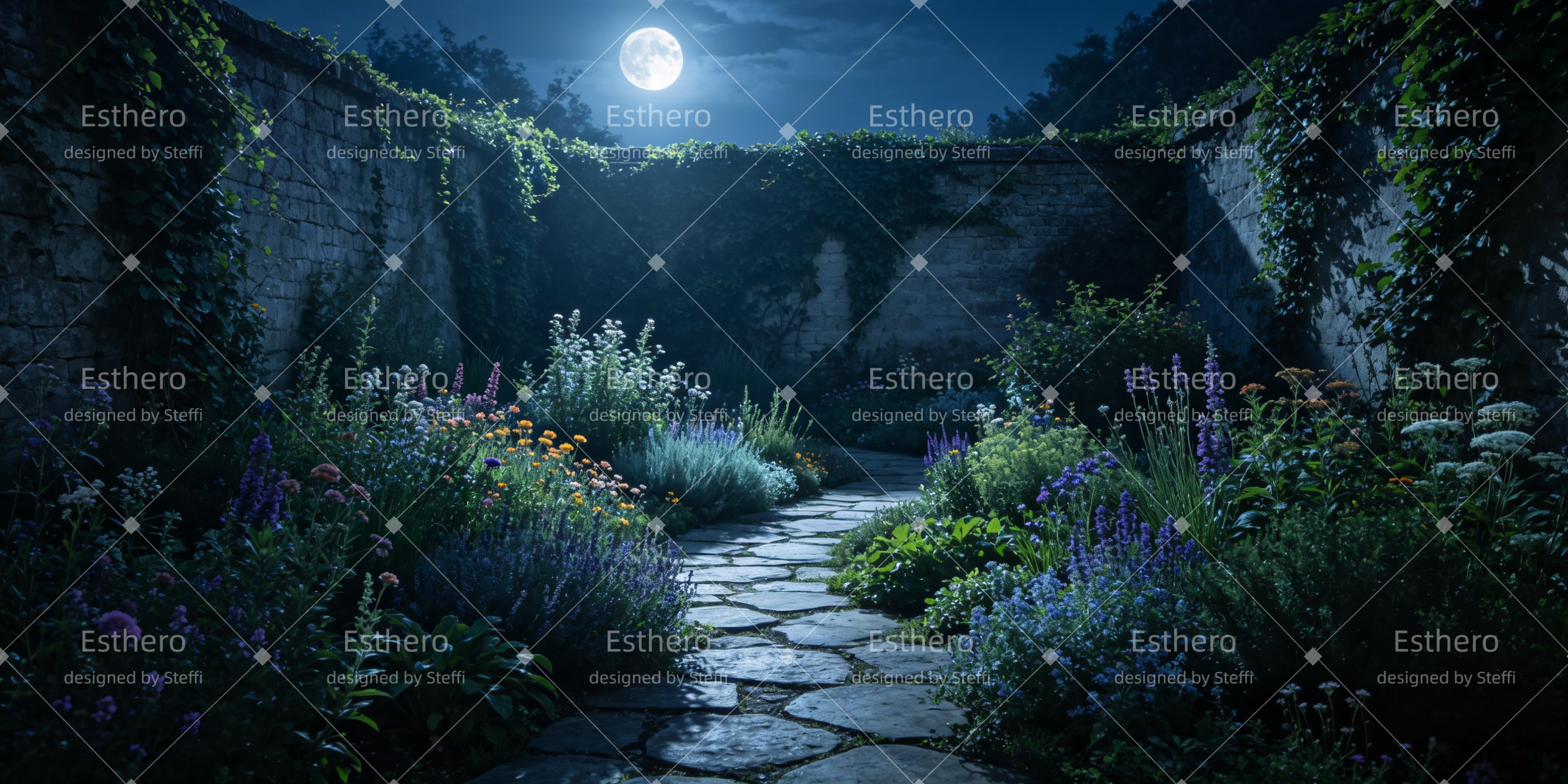 Décor Paysager Jardin Secret au Clair de Lune pour Théâtre CSH66-T41