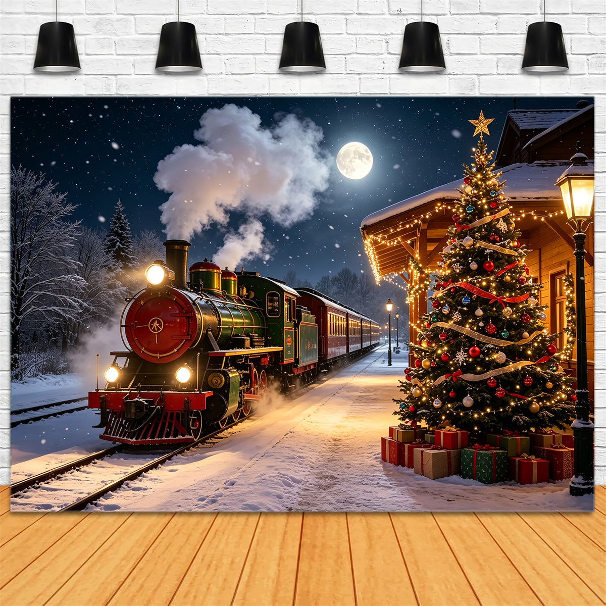 Fond De Train De Noël Illuminations Du Sapin De La Gare Enneigée Décors De Noël D'Intérieur CSH68-82