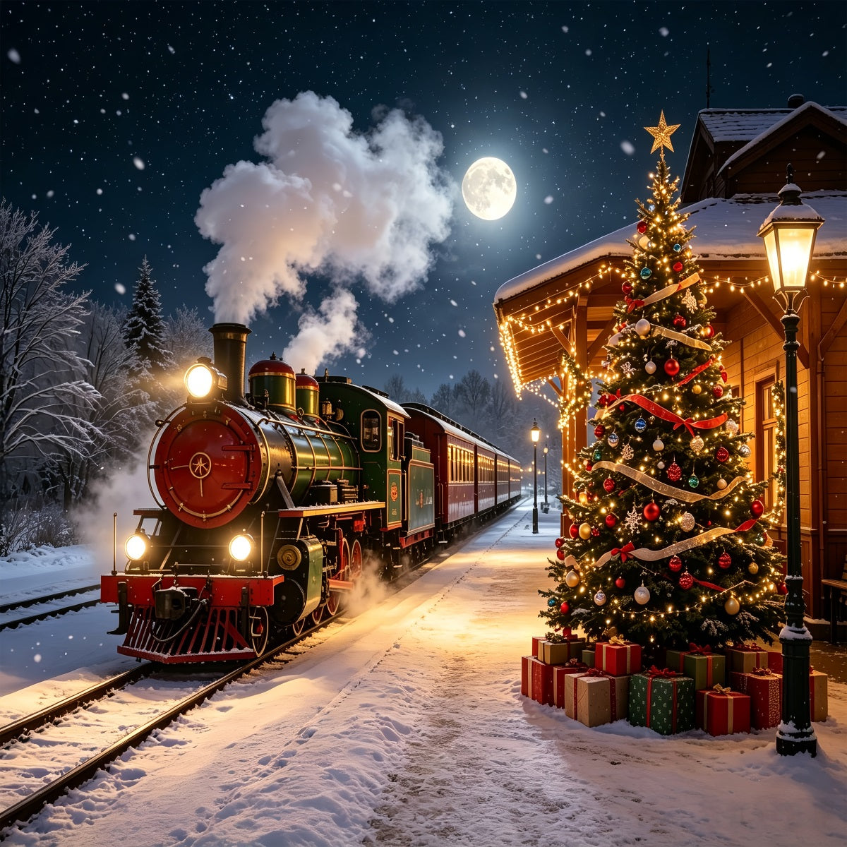Fond De Train De Noël Illuminations Du Sapin De La Gare Enneigée Décors De Noël D'Intérieur CSH68-82