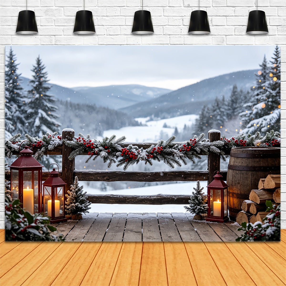 Décor De Noël Mountain Lodge Garland View Grandes Toiles De Fond De Noël CSH68-98