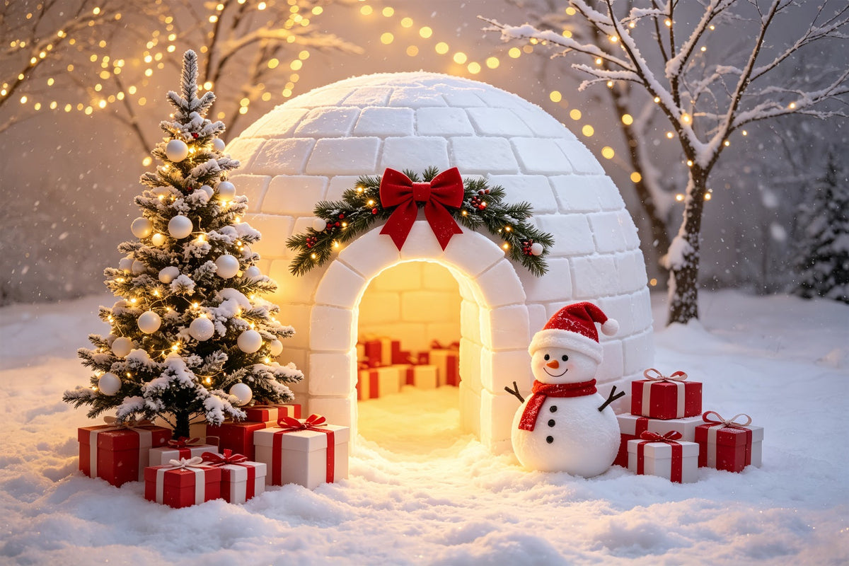 Fond Photo Du Pôle Nord Bonhomme De Neige Dans Un Igloo Enneigé Décor Du Père Noël CSH69-101