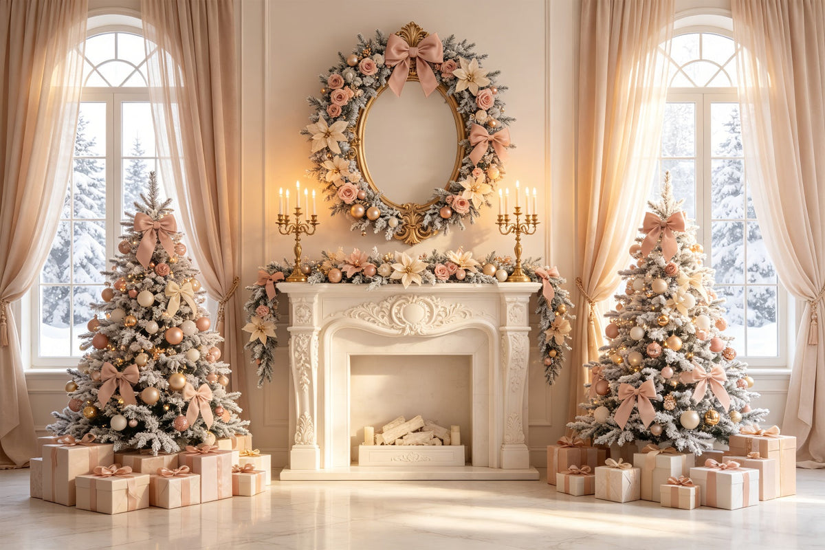 Décor De Noël Élégant Décoration De Cheminée Florale Rose Poudré Fond Photo De Noël CSH69-11