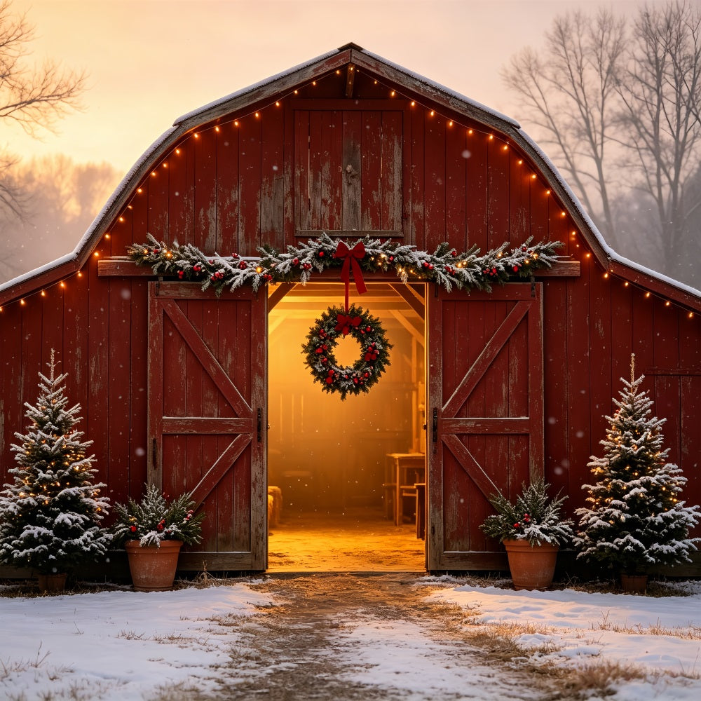 Décor De Ferme De Noël Entrée De La Grange Rouge Enneigée Fond En Mousseline De Noël CSH69-17