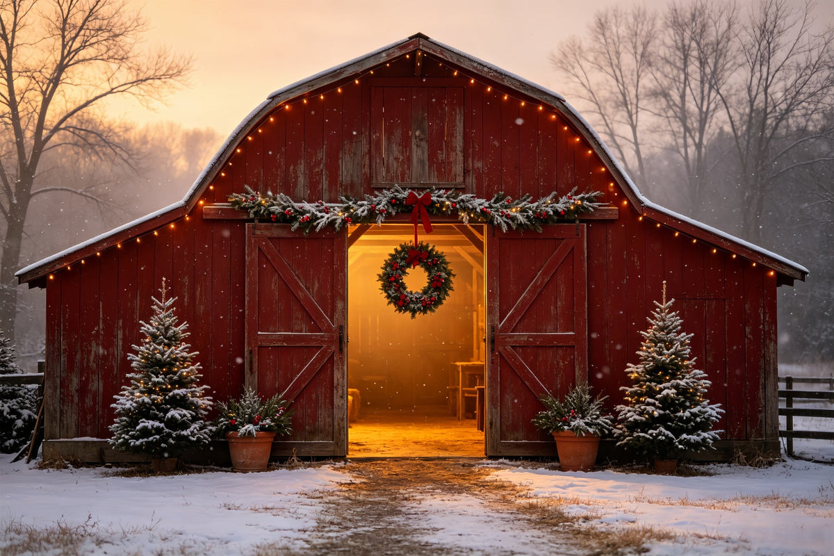 Décor De Ferme De Noël Entrée De La Grange Rouge Enneigée Fond En Mousseline De Noël CSH69-17