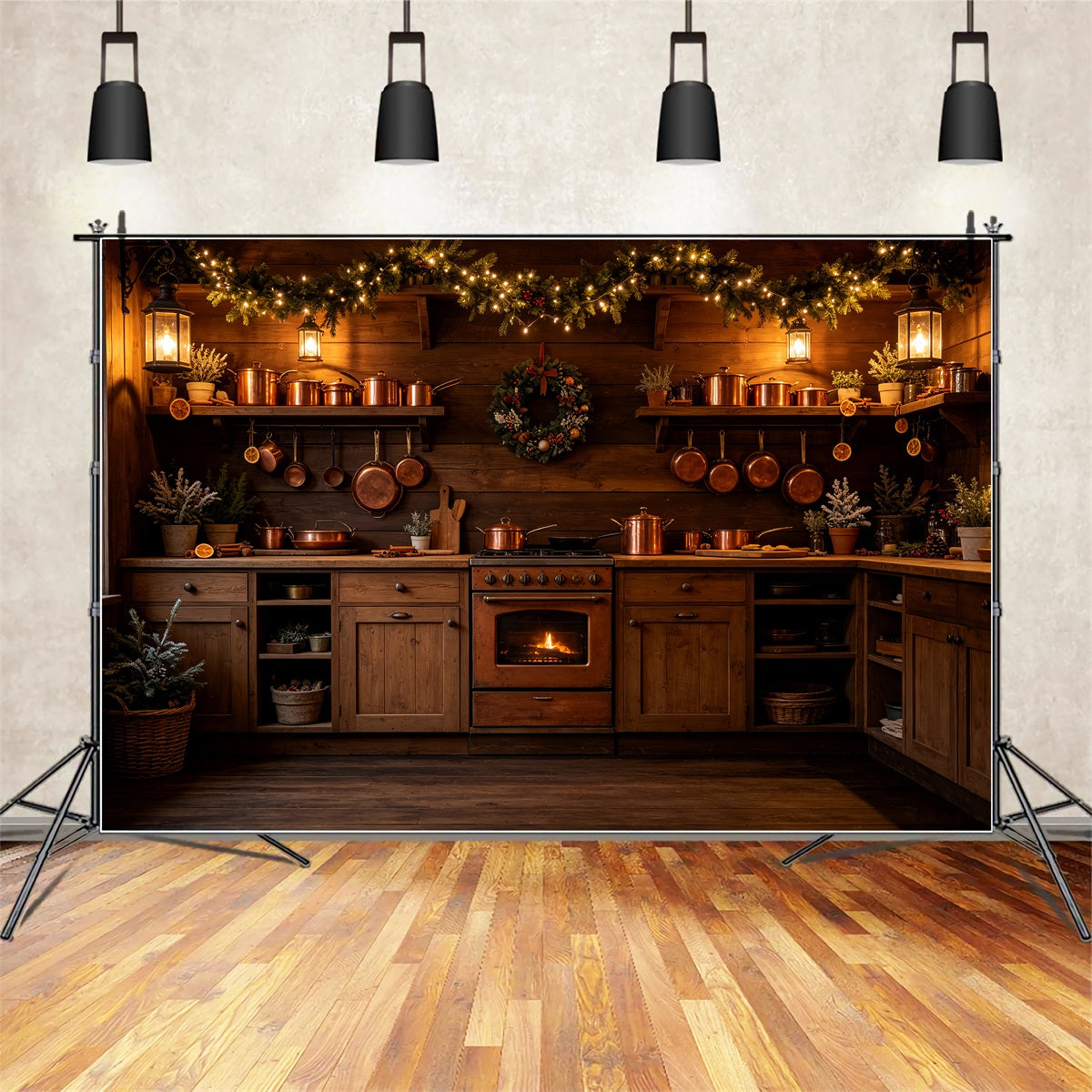 Décor De Cuisine De Noël Cheminée Rustique Avec Luminaires En Cuivre Fond Mural De Noël CSH69-21