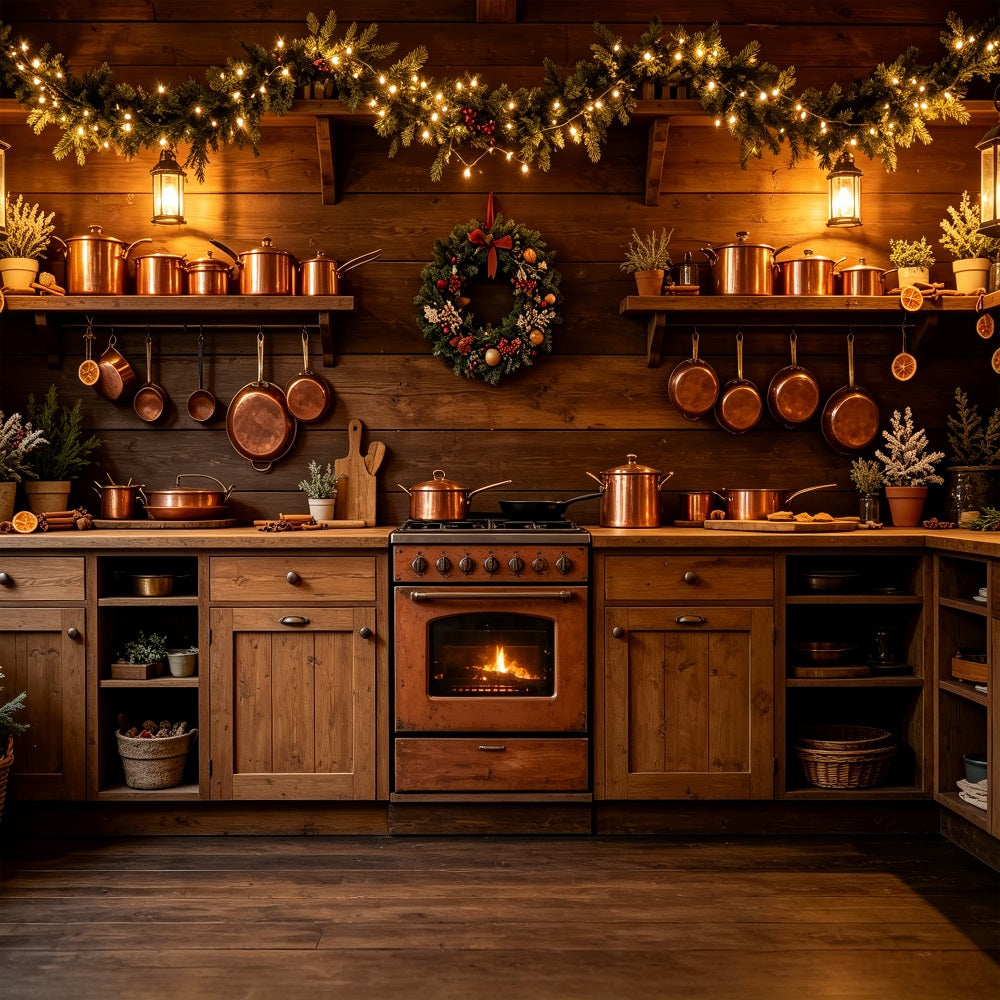 Décor De Cuisine De Noël Cheminée Rustique Avec Luminaires En Cuivre Fond Mural De Noël CSH69-21