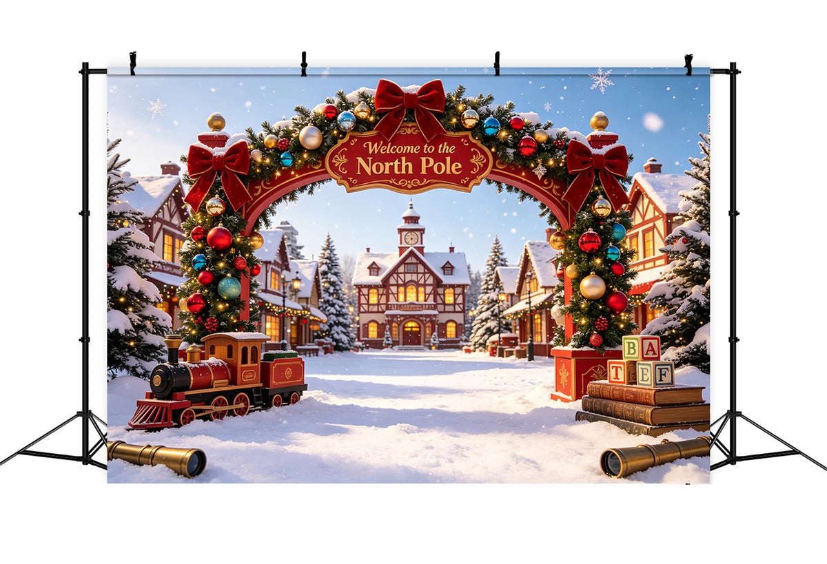Décor De Noël Du Pôle Nord Porte Du Village Enneigé Décor Photographique De Noël CSH69-31